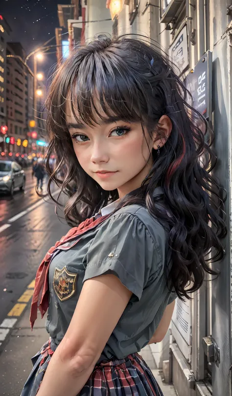 (extremely detailed CG portrait,masterpiece, best quality),(vibrant hair-colorful hair:1.2),(pretty school uniform),(black eyes),(night view),(city lights),(dark background), full body
