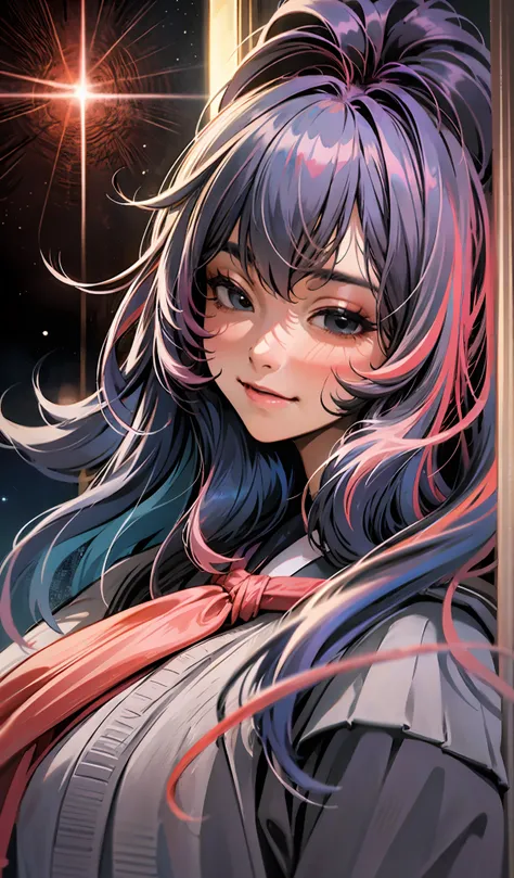 (extremely detailed CG portrait,masterpiece, best quality),(vibrant hair-colorful hair:1.2),(pretty school uniform),(black eyes),(night view),(city lights),(dark background), full body