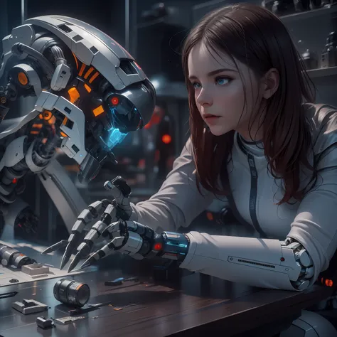 style; she is a humanoid robot building a body of another humanoid robot that is lying on a table, sci-fi laboratory. image qual...