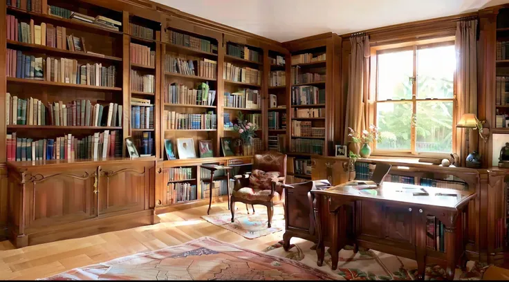 there was a table and a chair in the room，there is a bookcase, wooden table with books, warmly lit posh study, home office inter...