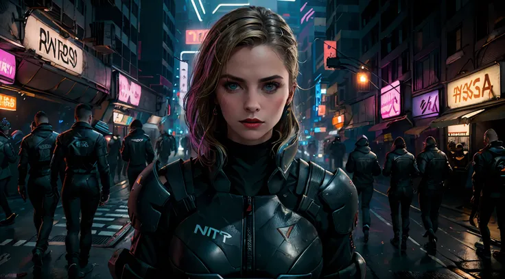 Close-up, uma supermodelo muito bonita, blonde, com quadris muito largos e cintura estreita, full lips, cintura pequena e quadris grandes, Red lipstick, com roupas cyberpunk em uma cidade cyberpunk movimentada com placas de neon, blade runner aesthetics, n...