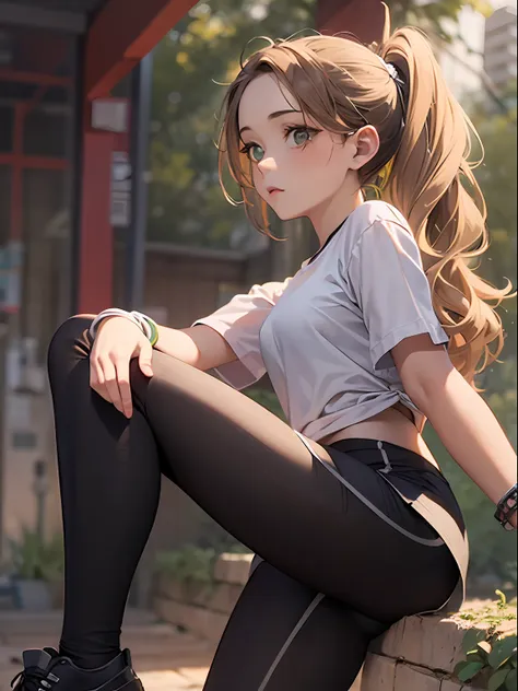 only 1 girl, beautiful, wearing black leggings and shorts, white t-shirt, light brown hair, short ponytail, cowboy shot, green b...