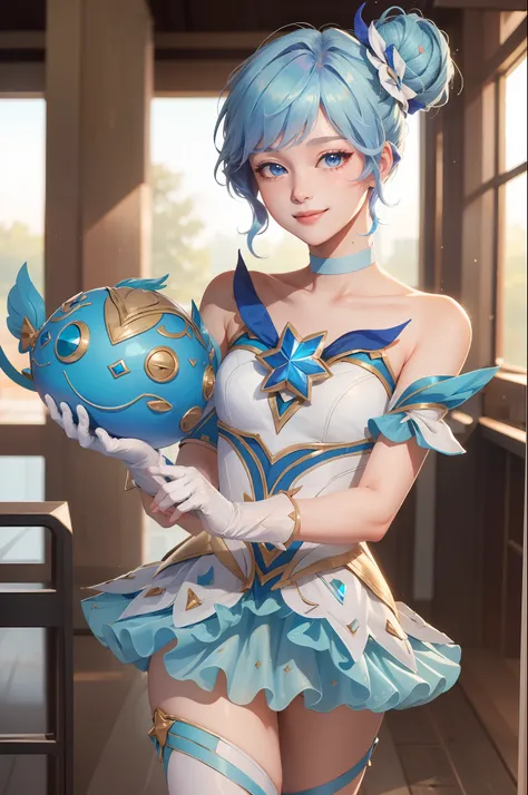 (masterpiece:1.4), (best quality:1.2), star guardian orianna, blue hair, hair-bun, ballerina, short dress, white gloves, smile, ...