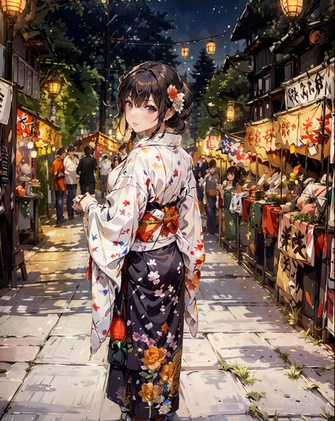 masterpiece, best quality, ultra-detailed, illustration, omatsuri, food stand, 1girl, beautiful eyes, looking at viewer, from be...