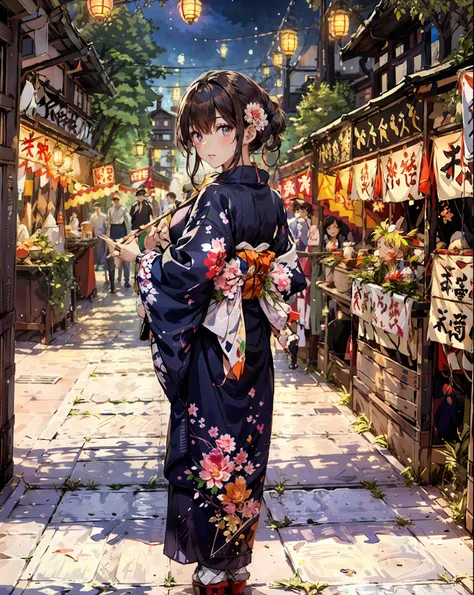 masterpiece, best quality, ultra-detailed, illustration, omatsuri, food stand, 1girl, beautiful eyes, looking at viewer, from be...