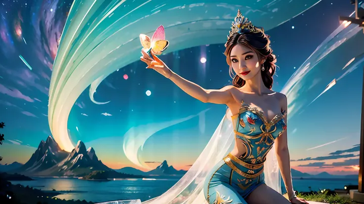 full depth of fields,In the ultra-wide-angle shot, the beauty has a K-cup teardrop-shaped giant tit chest,A gorgeous transparent gauze robe half-worn and half-off,Make the super sexy body with obvious sexual characteristics particularly irritating,The beau...