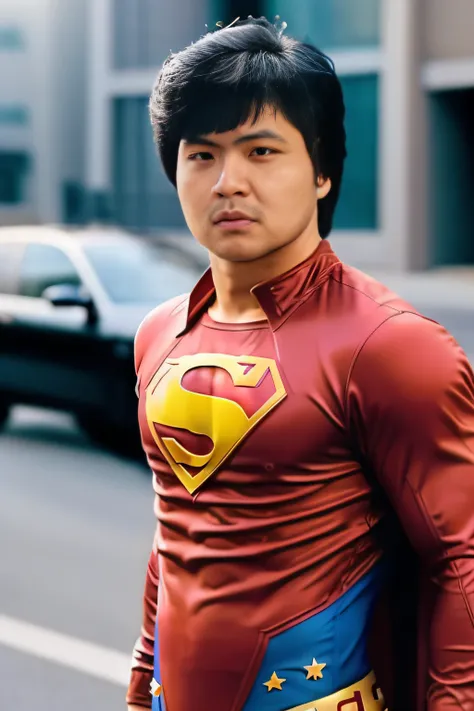 Full body portrait of a jchan man , Wearing a Superman costume , Detailed face, (Perfect eyes), (Highly detailed skin:1.1),  Perfect slim body, Professional photography, Soft lighting, Photorealistic, Sunny, Stand in the background of city street, Depth of...