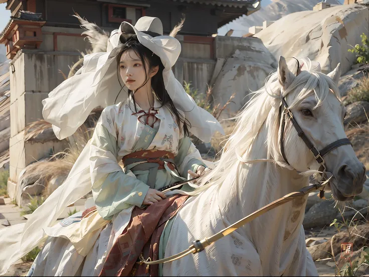 1girll， white_veil_hat，bunched hair，hair-bun，ancient chinese white robe and hanfu, riding a tall white horse，wielding an ancient...