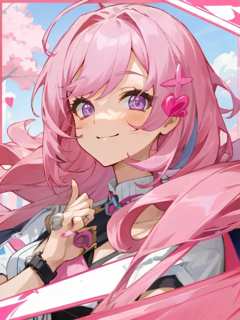 Cute girl with pink hair，adolable，adolable，A pink-haired，Smile and watch