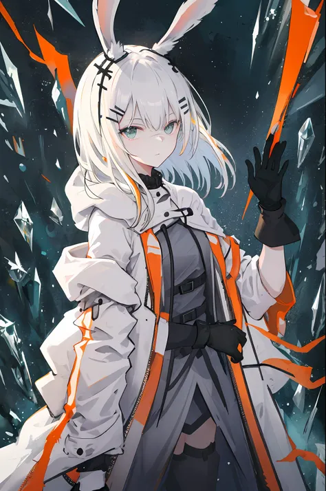 the background is full of cold，white-haired girl with rabbit ears，a black hairpin is buttoned in his hair，wearing a white coat，i...