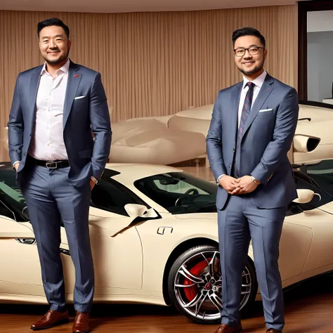 Fat uncle,in suit,with a round face,short detailed hair,Big belly,skin is smooth and fair,ssmile,Stand next to the red Maserati in the background ,Asian people,Body fat height,musculature