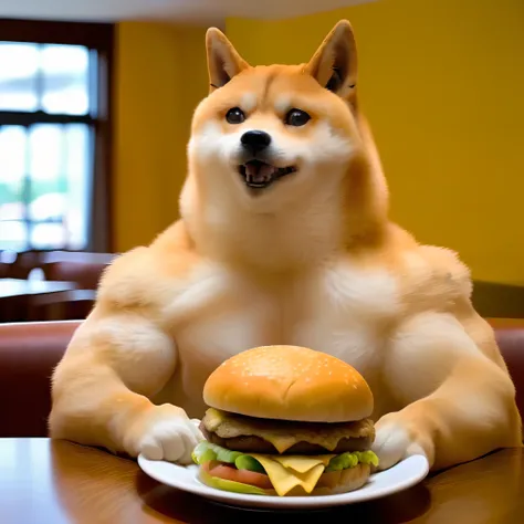 a professional photo of [(((buff swoledoge))):buff swoledoge:8], grinning, dog body, eating a large burger in a restaurant, cine...