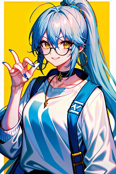 (masterpiece:1.2, best quality), 1lady, solo, upper body, lightblue hair, long hair with a high ponytail,yellow eyes,gold-tone r...