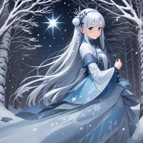 theme：「winter wizard」
background with：in the snow-covered forest。fantastic atmosphere。
camera angle：diagonal up from behind。woma...