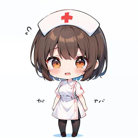 (a very cute and beautiful chibi anime girl), best quality, ultra detailed, 1girl, solo, standing, brown hair, short hair, brown eyes, bangs, medium breasts, ((is wearing white nurse uniform)), stare, white loafer, crying, looking at viewer, simple flat ba...
