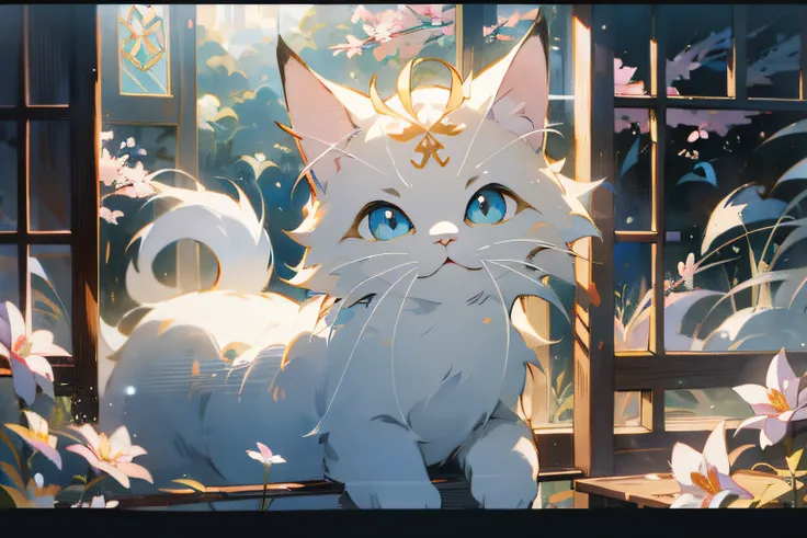cute white puppet cat, hayao miyazaki dream style, surrealist animal illustration, bow, flowers, window, sky, meiji art, light color color painting, rich layers, realistic figurative painting, realistic hyper-detail portrait style, neo-traditional japan, s...