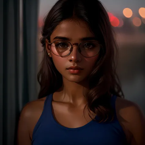 a close up of one woman (solo) wearing glasses and a tank top, girl wearing round glasses, soft portrait shot 8 k, a young indian woman, girl with glasses, wearing small round glasses, portrait, aesthetic lightings , ultra realistic, cinematic