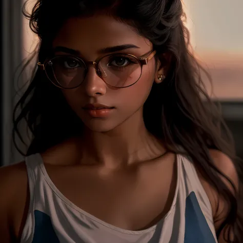 a close up of one woman (solo) wearing glasses and a tank top, girl wearing round glasses, soft portrait shot 8 k, a young indian woman, girl with glasses, wearing small round glasses, portrait, aesthetic lightings , ultra realistic, cinematic