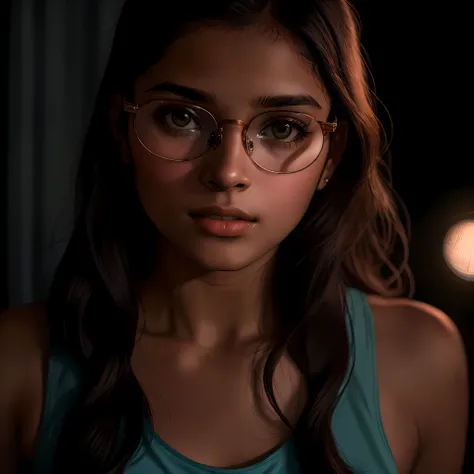 a close up of one woman (solo) wearing glasses and a tank top, girl wearing round glasses, soft portrait shot 8 k, a young indian woman, girl with glasses, wearing small round glasses, portrait, aesthetic lightings , ultra realistic, cinematic