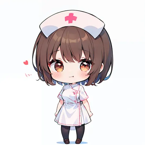 (a very cute and beautiful chibi anime girl), best quality, ultra detailed, 1girl, solo, standing, brown hair, short hair, brown eyes, bangs, medium breasts, ((is wearing white nurse uniform)), stare, white loafer, heart-shaped pupils, looking at viewer, s...