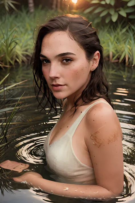 close up portrait of a cute woman (gldot) bathing in a river, reeds, (backlighting), realistic, masterpiece, highest quality, le...