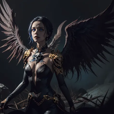 (masterpiece), best quality, ultra-detailed, extremely detailed realism painting,(1 character), (dark angel:1.3,wings, elegant feminine:1.2, gothic:1.1, haunting expression:1.2) with blue eyes and black hair, floating in the dark isolated sky, surrounded b...