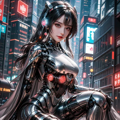 1 girl, chinese_clothes, metallic black titanium and crimson, cyberhan, cheongsam, cyberpunk city, dynamic pose, detailed lumine...