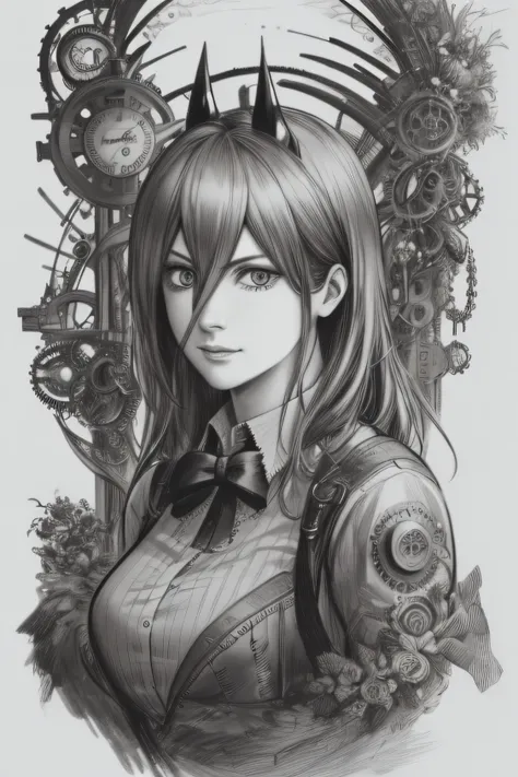 a captivating 4k hdr pencil drawing in a greyscale style, depicting a powerful female character from chainsaw man in a steampunk...