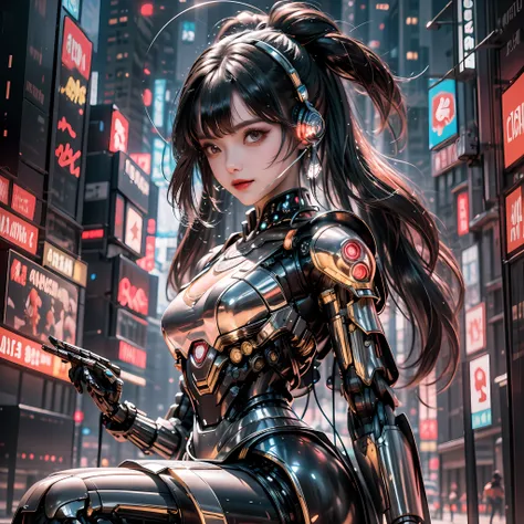 1 girl, chinese_clothes, metallic black titanium and crimson, cyberhan, cheongsam, cyberpunk city, dynamic pose, detailed lumine...