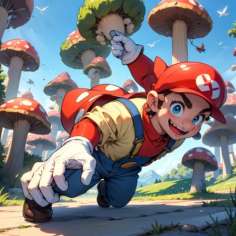 (masterpiece), (bestquality) supermario, blue overalls, red shirt, red cap, smiling, 1boy, short man, little man, short legs, sh...