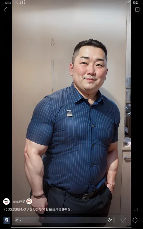 Fat uncle,with a round face,short detailed hair,Big belly has smooth fair skin,ssmile