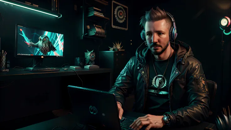 a man wearing a black jacket, with headphones, sitting in front of a computer, computer in the background, cyberpunk style, with...