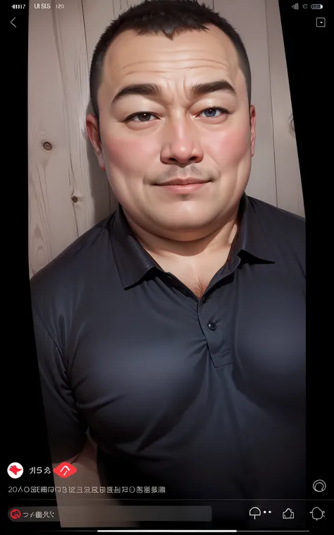 Fat uncle,with a round face,Big back,potbelly,skin is smooth and fair,ssmile,Black shirt