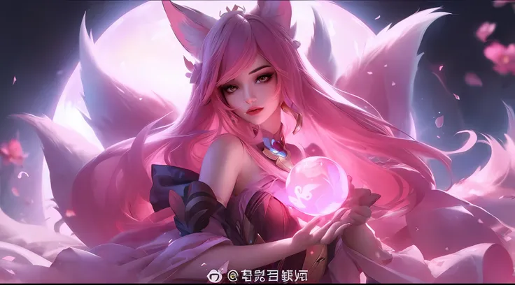 a girl with long pink hair holding a ball in her hands, ahri, retrato de ahri, ahri, de league of legends, serafim ahri kda, rua...