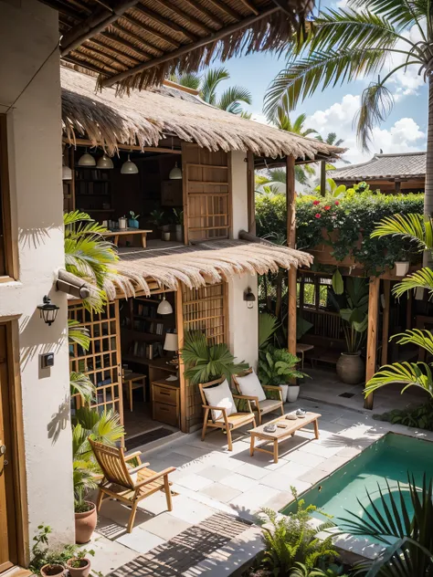 from above, sunlight streams onto the villa's bookshop through the rattan roof. woven panels allow dappled light to filter throu...