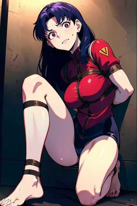 bound arms， Behind the arm， A high resolution， HighestQuali， illustratio， ultra - detailed， （详细的脸）， （Detailed eyes），Best quality at best， ultra - detailed， tmasterpiece，1girll，Cord,Bondage,BDSM,gag,tape gag，horrified expression，Barefoot，struggling，perspire...