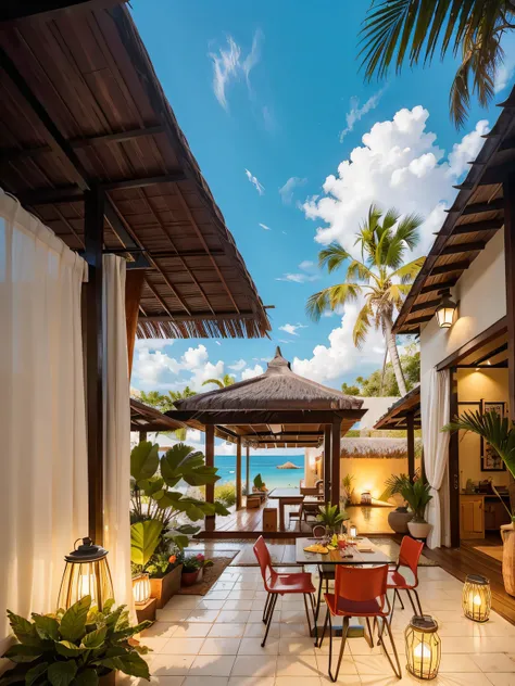 tucked into a sunny corner of the villa's courtyard, the burger stall's thatched roof provides shade while allowing the warm sea...