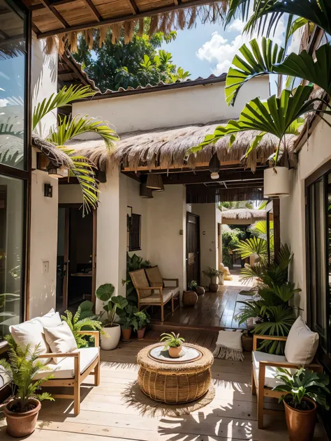 the living room of the jungle resort villa is abundant with vibrant tropical botanicals. vines of purple bougainvillea cascade d...