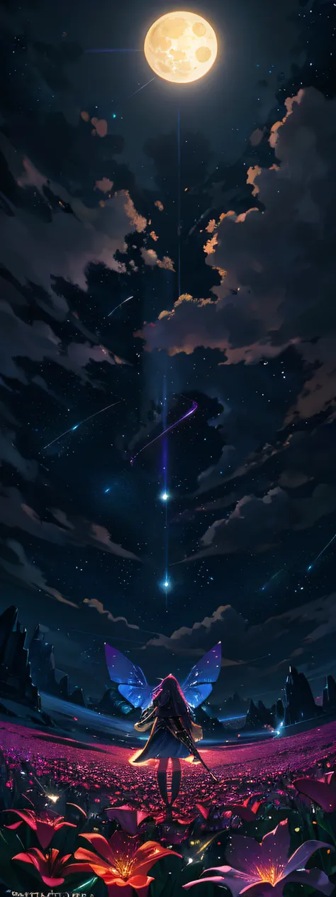 expansive landscape photograph , (a view from below that shows sky above and open field below), a girl standing on flower field looking up, (full moon:1.2), ( shooting stars:0.9), (nebula:1.3), distant mountain, tree BREAK
production art, (warm light sourc...