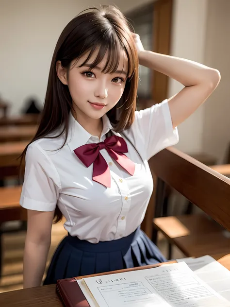 masterpiece, 1girl in 1photo, upper body shot, front view, young pretty girl in japan, 18 years old, studying in a library of a ...