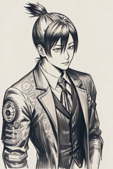 A captivating monochrome pencil sketch capturing the resolute Aki Hayakawa from the manga series Chainsaw Man, depicted in a detailed portrait that extends till his torso. Aki is portrayed wearing a stunning steampunk-inspired dress, adorned with intricate...