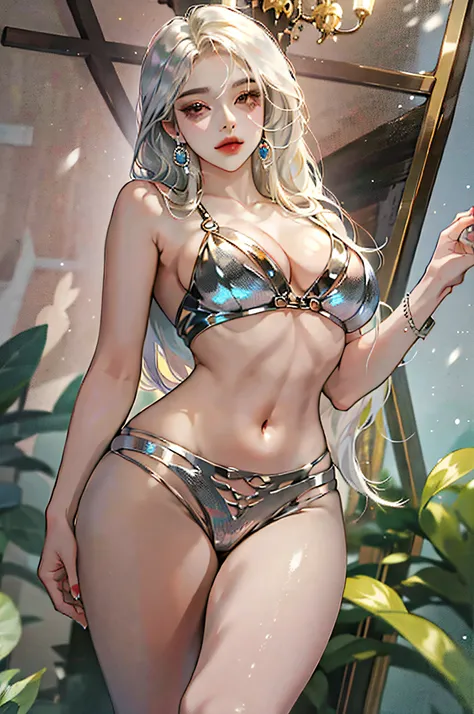 Naked seductive woman with big breasts,2girls,Dissection is correct,,One girl stands on top of another,Girl in silver high heels stepping on another girls belly,Step on the chest,hips bare,Luxury jewelry,Delicate leg rings,A shiny scene