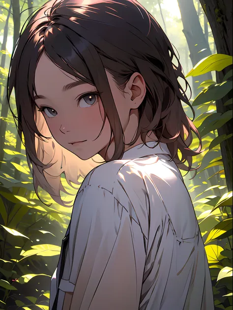 girl in the forest and sunshine, (full bodyesbian), (((shorth hair))), nice hairstyle