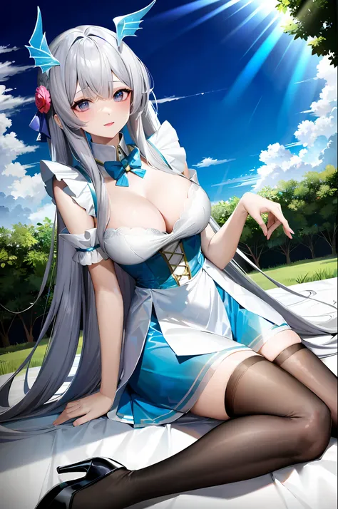 (tmasterpiece:2.0,best qualtiy),(Fine beautiful eyes:2.0),ph_REM,Remhd,1girll,Blue hair,独奏,eBlue eyes,x hair accessories,Lace leg ornament,Bow knot,Long thick socks,lacepantyhose,Lolita heels,Lolita shoes,Rossvale Mansion maid uniform,full bodyesbian,Two h...
