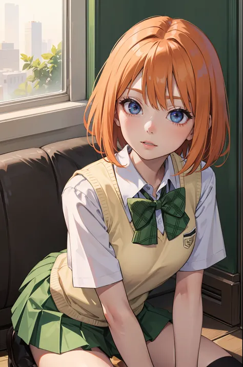 yotsubanakano, Yotsuba Nakano, Bangs, Short hair, Blue eyes, hair between eye, Hair Ribbon, shairband, Orange hair, Green Ribbon,
BREAK skirt, Shirt, Bow, bow ribbon, School uniform, White shirt, Short sleeves, Pleated skirt, shoes, sox, Collared shirt, Mi...
