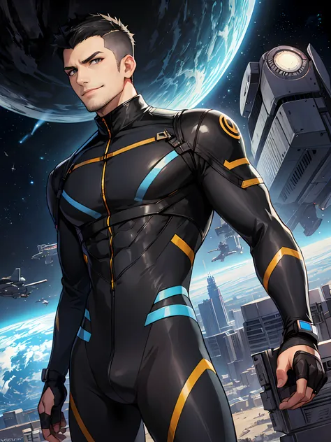 1male, mature male, (undercut), black hair, (grey eyes:1.2), [beard:stubble:0.25], smirk, black bodysuit, science fiction, sci-f...