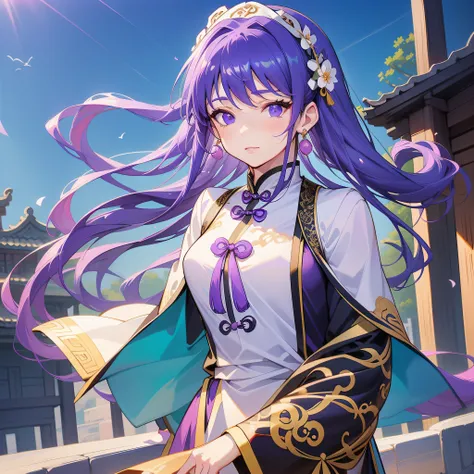 Mature girl, purple eyes, blue-white hair color, floating hair, delicate and flexible eyes, intricate damask hanfu, gorgeous accessories, wearing pearl earrings, fov, f/1.8, masterpiece, ancient Chinese architecture, blue sky, flower petals flying, front p...