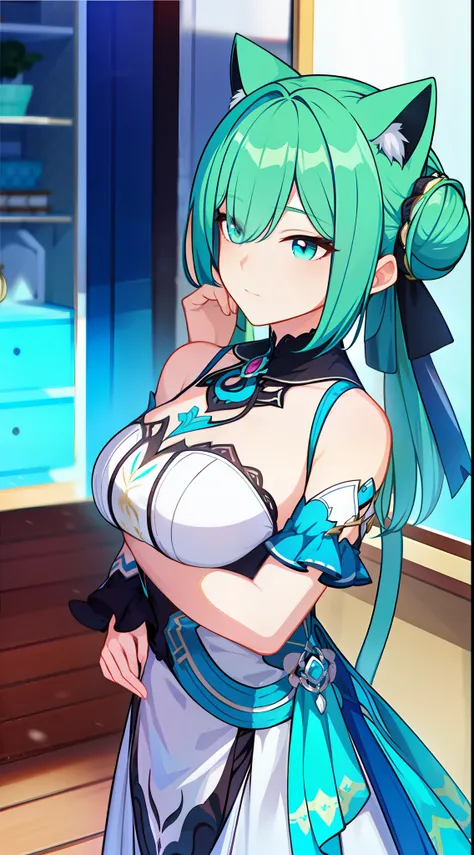 Adult woman, dark turquoise hair in a bun, Cats ears, turquoise eyes, Rich dress, Masterpiece, hiquality