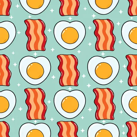 seamless pattern of bacon and eggs on blue background, seamless pattern design, inspired by lucy angeline bacon, scott adams, se...