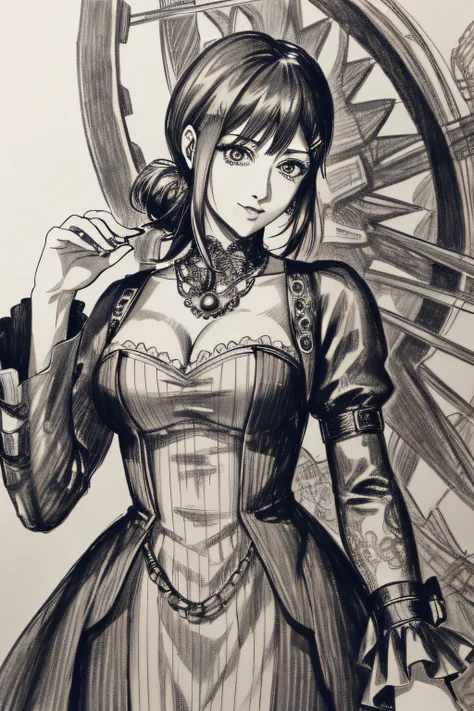 a captivating greyscale pencil drawing capturing the elegant kobeni from the manga series chainsaw man, depicted in a detailed p...